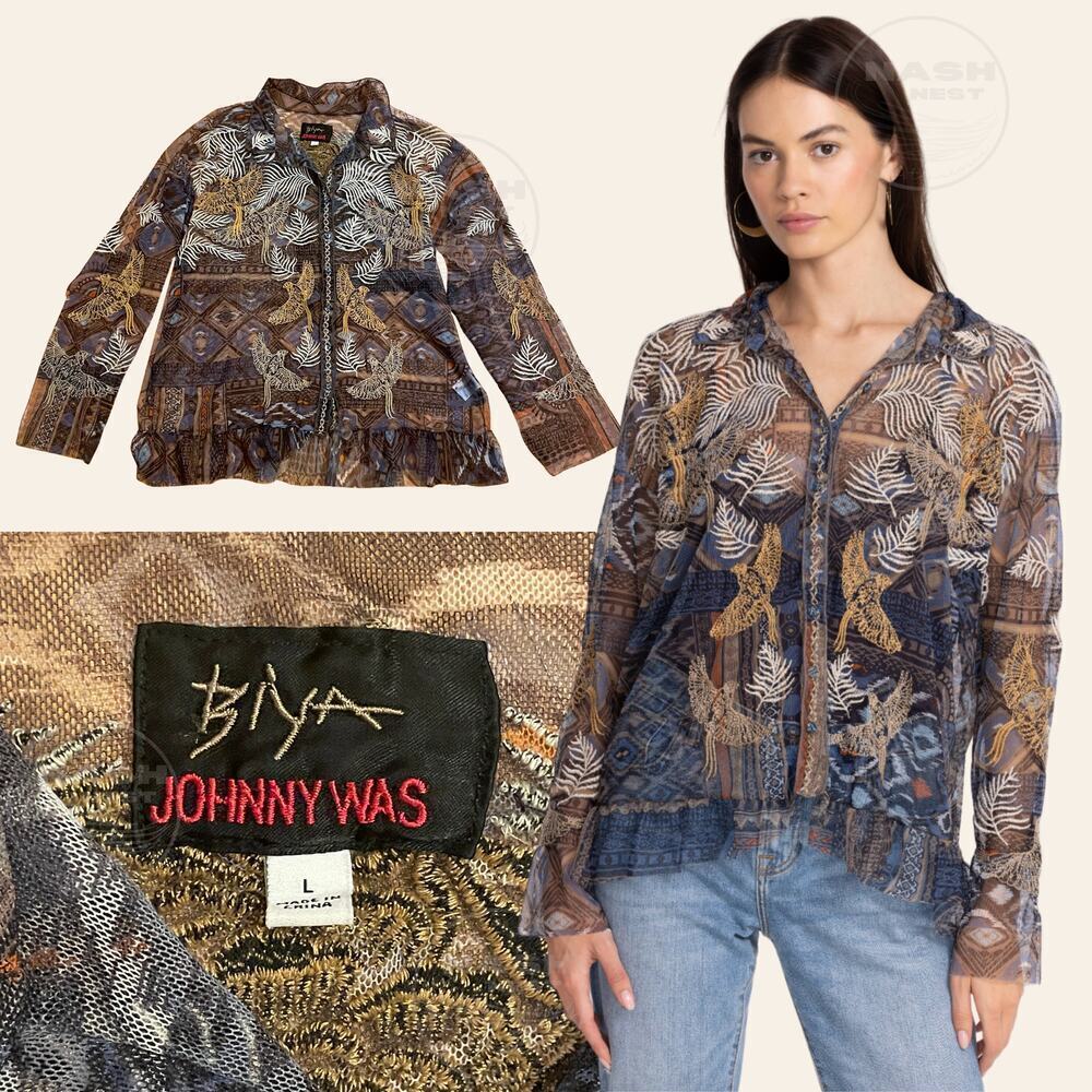 Johnny Was Noemie Mesh Blue Blouse L | Embroidered Phoenix Bird Sheer Top NWOT